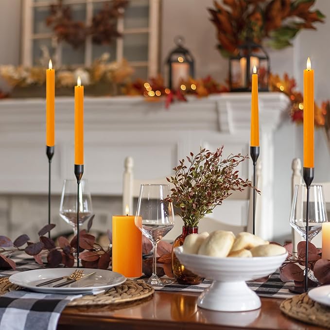 Orange Flameless Candles with Remote, 9.6" Fall Candles with Remote, Real Wax Battery Operated Candles Flickering Flameless Taper Candlessticks for Fall, Thanksgiving, Harvest, Halloween Decor, 3 Pack