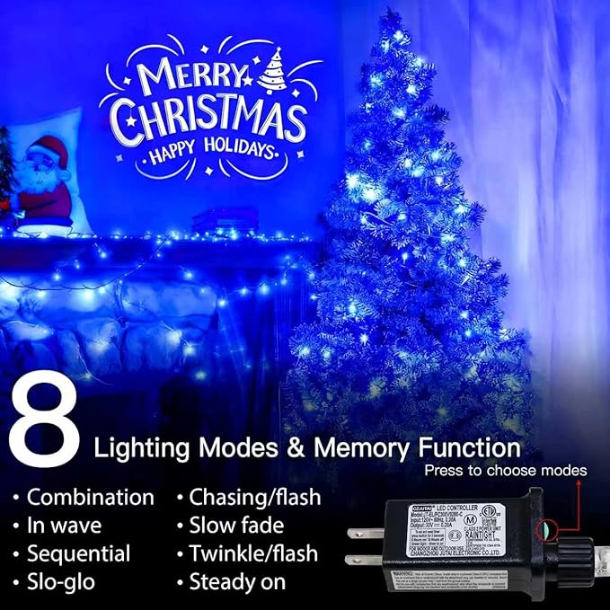 String Lights Indoor Bedroom, 33FT 100 LED Fairy String Lights Outdoor Waterproof, 8 Modes Memory Twinkle Christmas Light Plug in for Classroom Dorm Patio Tree Garden Decor (Blue)