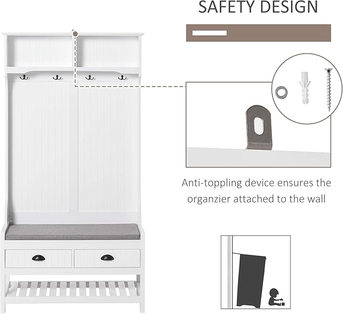 HOMCOM 3-in-1 Hall Tree, Entryway Bench with Coat Rack, Mudroom Bench with Shoe Rack, 2 Storage Drawers, 4 Hooks and Padded Seat Cushions for Hallway, White