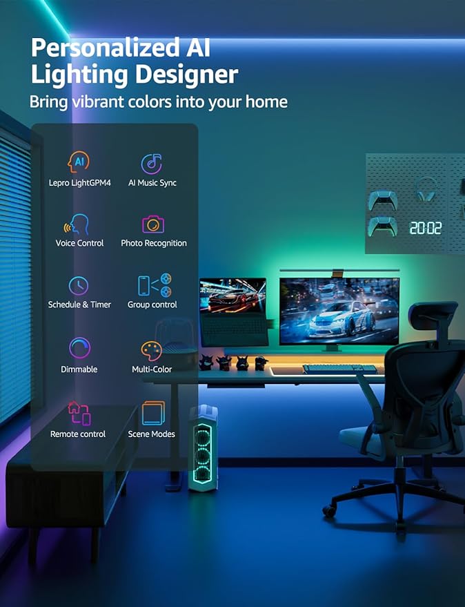 Lepro SE1 AI Smart LED Strip Lights - 32.8ft RGB Color Changing Light Strips with APP Control, AI Generated Lighting, Music Sync, 2.4GHz Wi-Fi & Bluetooth LED Lights for Home Decor (No Remote)