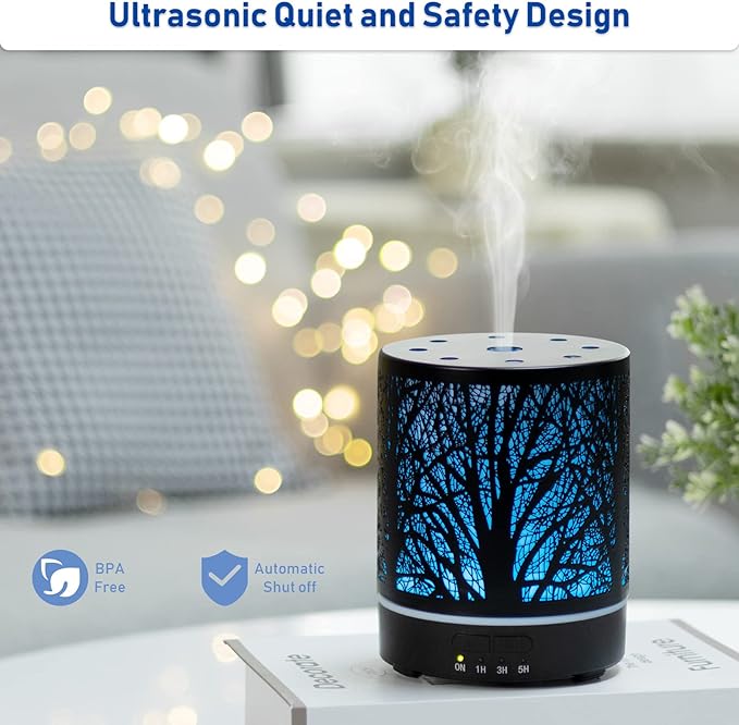 Essential Oil Diffuser Aromatherapy Diffuser -300ml Metal Electric Ultrasonic Oil Diffuser for Large Room with Auto Shut-Off Protection, 4 Timer Setting &7 Colors Night Light for Home (Tree-300ML)