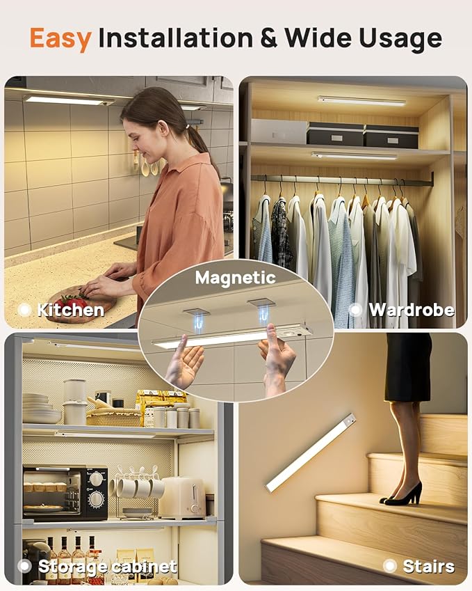 Under Cabinet Lighting Wireless, 16 inch LED Motion Sensor Light Indoor, Rechargeable Closet Lights with Remote, 3 Color Temps, Dimmable, Magnetic Under Counter Lights for Kitchen, Stairs, 4 Pack