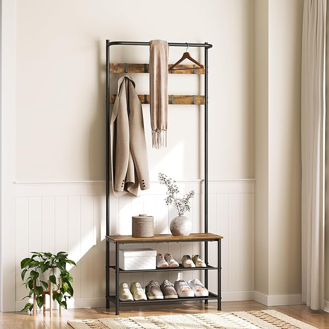 Hall Tree, Coat Rack with Shoe Bench, 4-in-1 Entryway Bench with Storage Shelves, Hanging Rod and 8 Movable Hooks, Hall Tree with Storage Bench for Hallway, Rustic Brown and Black MT02BR