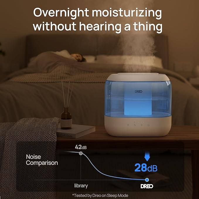 Dreo Humidifiers for Bedroom, 4L Top Fill for Large Room, 36H Runtime, 28 dB Quiet Supersized Cool Mist Air Humidifier for Baby Nursery, Plants, Indoor, Night Light, Easy to Clean & Fill, Blue