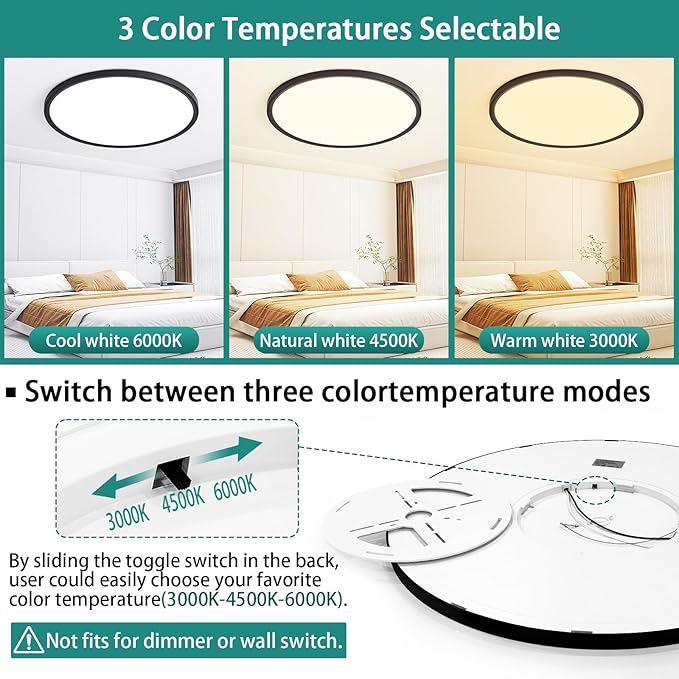 20 Inch LED Flush Mount Ceiling Light Fixture,Dimmable Ultra Thin Round Ceiling Light,40W 4000 Lumens,3 Color Temperatures 3000K 4000K 6000K,Black,for Kitchen Dining Room Bedroom Office
