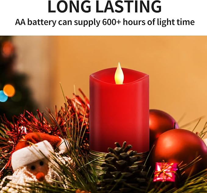 3″x4″ Red Flickering Flameless Candles, 2AA Battery Life 600 Hours Battery Candles Flickering with Timer,4 inch Flameless Candles with Remote for Indoor/Outdoor,Set of 1