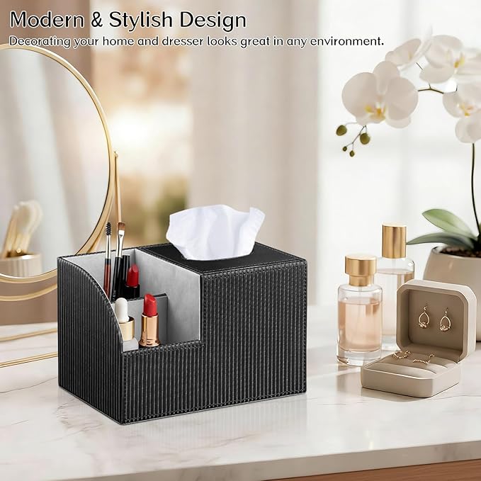 Fanousy Tissue Box Cover Square with Storage, PU Leather Cube Tissue Box Holder, Multifunction Remote Control Nightstand Organizer, Modern Desk Caddy for End Table, Bathroom, Home, Office Decor