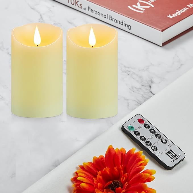 Flameless Candles with Rechargeable Battery, 3" x 5", Set of 2, Electronic Candles with Remote and Timer, led Pillar Candles Real Wax 3D Wick, led Ivory Candles for Home, Wedding, Birthday