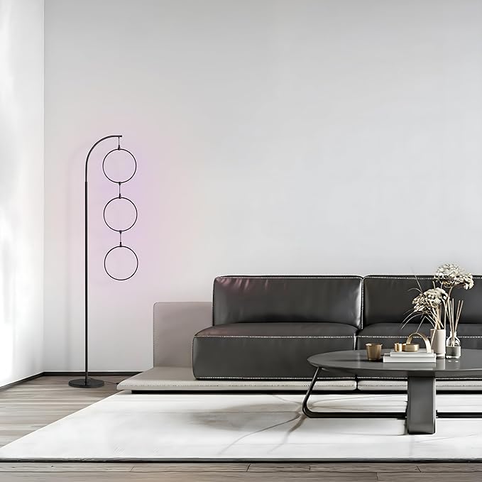 Brightech Nova Modern Color Changing Floor Lamp - LED Lamp with Stunning RGB Color Gradient and Contemporary 3-Circle Ring-Style Pendant - Corner or Over-The-Couch Arching Pole Standing Lamp - Black