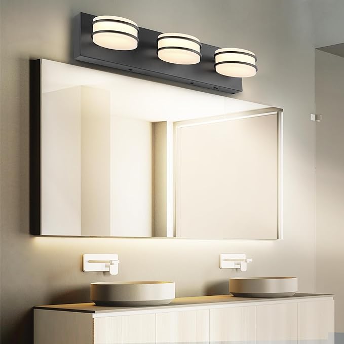 3 Color Temperature Dimmable Bathroom Light Fixtures Over Mirror, LED Black 3 Light Vanity Lighting Fixtures, Acrylic Stainless Steel Oval Shade Vanity Lights for Bathroom, ETL Certificated