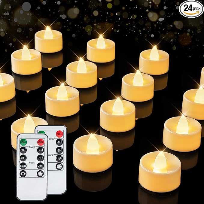 BEICHI Remote Candles, 24 Pack Timer Candle, Flameless Tea Lights Candle Battery Operated, Flickering LED Tea Lights, Timer Battery Votive Candles- Warm White- Ivory Base