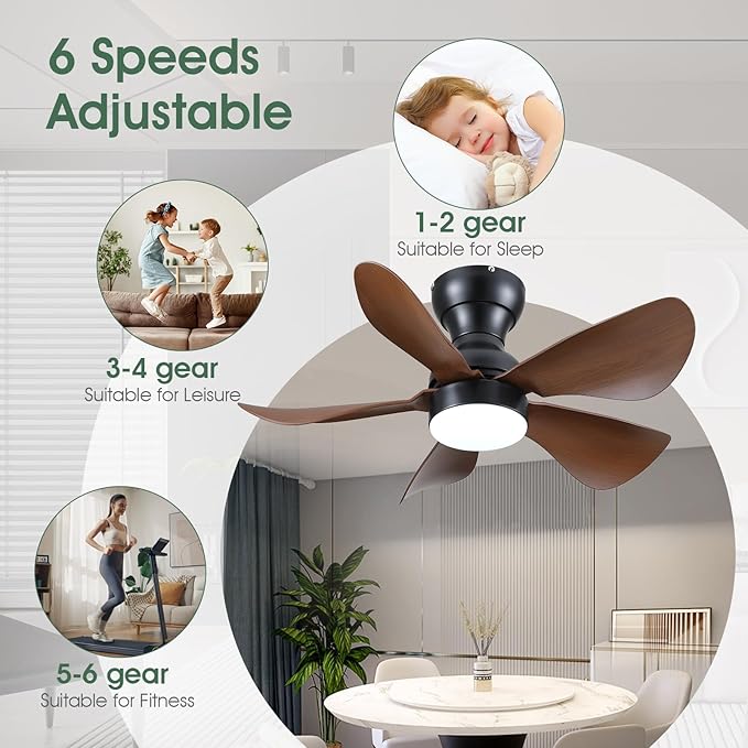 Ceiling Fans with Lights and Remote/APP Control, 30 inch Low Profile Ceiling Fans with 5 Reversible Blades 3 Colors Dimmable 6 Speeds Ceiling Fan for Bedroom Dining Room, Wood Color