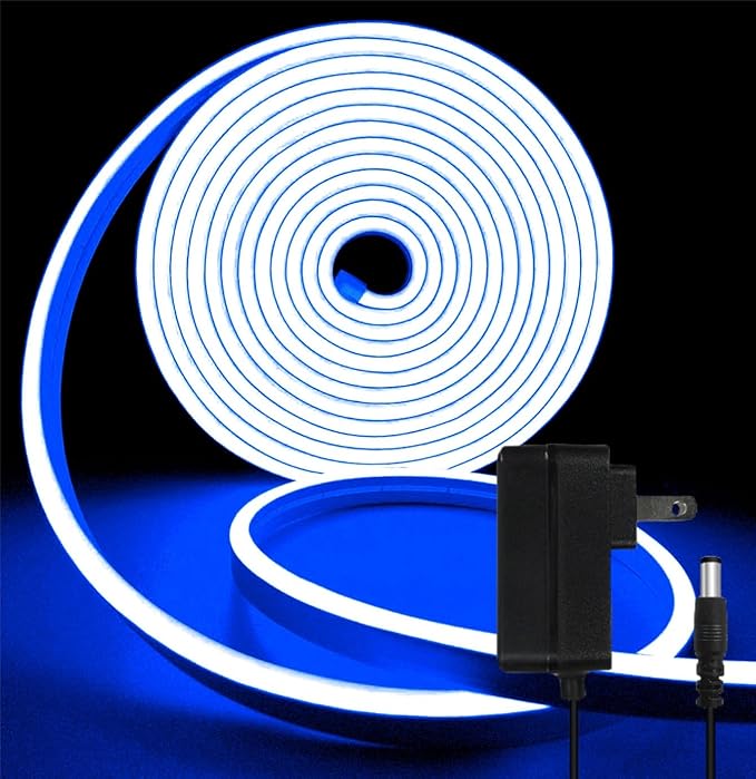 Blue Neon Rope Light, 5M Cuttable LED Strip Lights with Power Plug, 12V Waterproof Flexible Dimmable Lights Kit for Bedroom TV Backlight Gaming Room Monitor Kitchen Cabinet Bar Wall Stage Stairs Decor