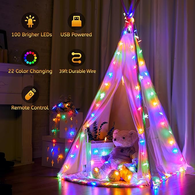 Minetom USB Star String Lights - 39 ft 100 LED Color Changing Star Fairy Lights with Remote and Timer, 16 Single Colors and 7 Modes Starry Lights for Bedroom Dorm Tent Bed Patio Christmas Party Indoor