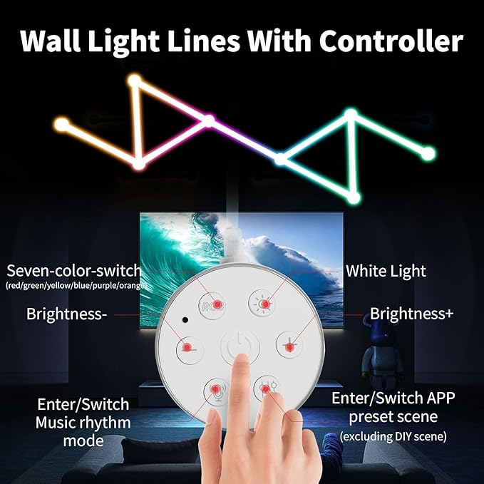 Smart WiFi RGB LED Wall Light Lines 16M+ Color LED Dimmable Music Sync Gaming Room, Bedroom, Led Home Wall Decor Light Bars Kit Compatible with Alexa and Google Assistant (9 LED Light Lines)