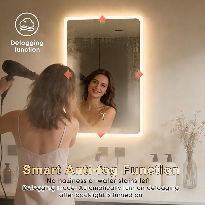 WARM&LOVE 16 x 24 Inch LED Bathroom Mirror, Hand Scan Sensor Anti-Fog Bathroom Mirror with Lights, Stepless Dimming, 3 Color Lighting, Lighted Bathroom Mirrors for Wall, Vertically Only