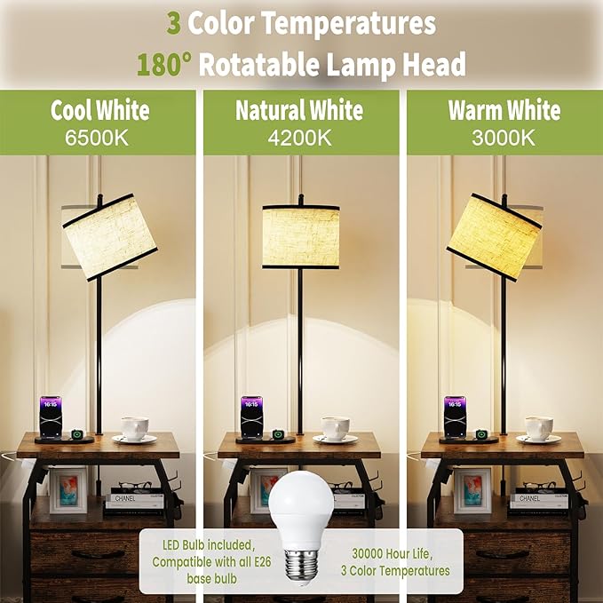 Floor Lamp with Table Set of 2, End Tables with Lamps Attached 3-Color Temperature Bulb, Side Table with Lamp with 3 Drawers & Charging, Lamps Tables Combo for Bedroom, Dorm - Rustic Brown