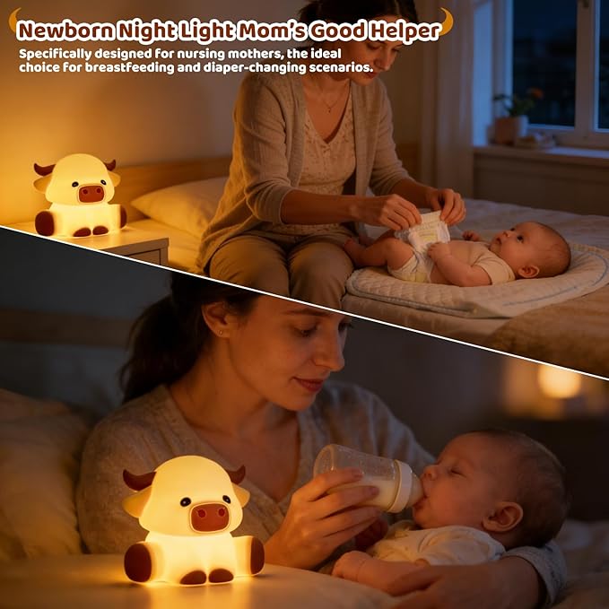 Cute Highland Cow Night Light, LED Touch Silicone Lamp for Bedroom with 7 Colors Timer and Dimmable Squishy Warm Light Night Lights, Rechargeable Animal Lamp for Bedroom Decor Birthday Gift