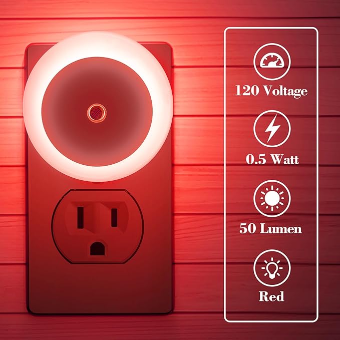 KINUR 6 Pack Red LED Plug into Wall with Dusk to Dawn sensors Plug in Night Lights for Kids Room, Bedroom, Bathroom, Stair Lights, Hallway Light