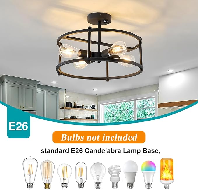 Motion Sensor Ceiling Light Indoor Industrial 4 Light Semi Flush Mout Ceiling Light Fixture Black Overhead Light for Entryway Hallway Closet Porch Front Farmhouse