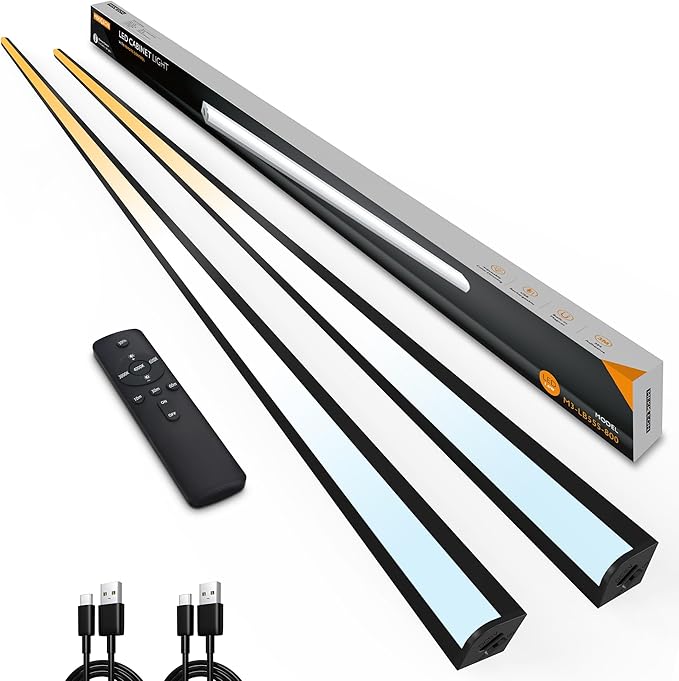 Under Cabinet Lights Remote Control, Magnetic Dimmable Closet Lights,USB Rechargeable Wireless LED Shop Light,Ceiling and Under Counter Lights for Kitchen (Black, 80CM-2 Pack)