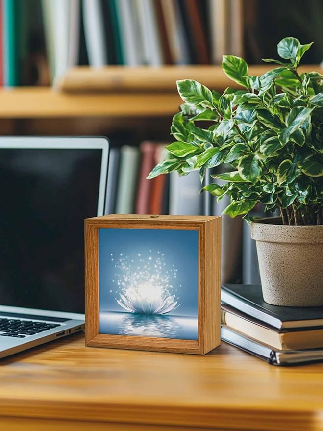 Wood Night Light Box 4.5x4.5in,Meditation Lotus Flower Table Lights Wooden Picture Frame with USB Rechargeable Touch LED Lights for Home Decor Desktop Display,Asian Zen Spiritual