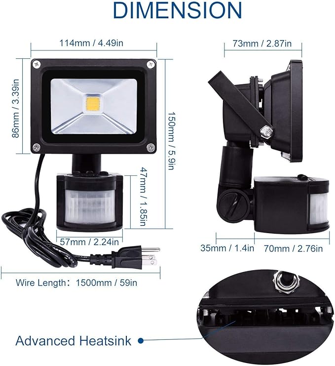 Z Motion Sensor Flood Lights Outdoor,10W Induction LED Lamp, IP65 Waterproof Spotlight,3200K LED Sensor Light,Security Light with US 3-Plug (Warm White-Black)