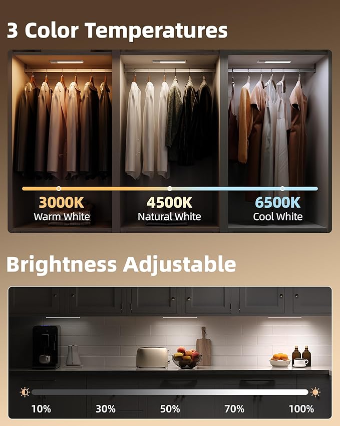 EZVALO 4-Pack Under Cabinet Lights, 2400mAh Rechargeable Motion Sensor Light Indoor, Wireless Closet Lights Battery Operated, with 3 Color Temps, Dimmable, Magnetic, for Kitchen, Stair, Pantry(8inch)