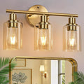 3-Light Bathroom Light Fixtures, Brushed Gold Vanity Light, Farmhouse Wall Lights with Amber Glass Shades, Bathroom Wall Lamp for Mirror Kitchen Bedroom Hallway Living Room