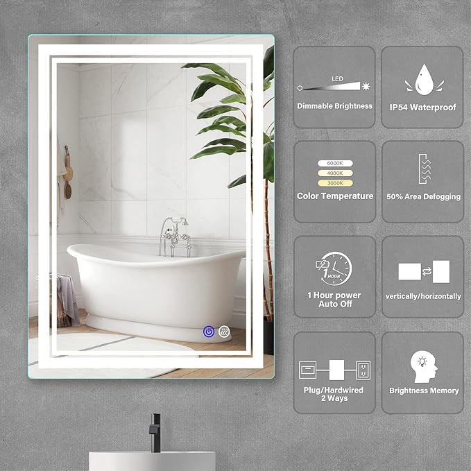 28x20 inch LED Lighted Bathroom Mirror with Anti-Fog, Fashion Bathroom Decor Vanity Mirror with Dimmable, Smart Control, Memory, Adjustable Warm White/Natural/Daylight, Birthday Wedding Gift