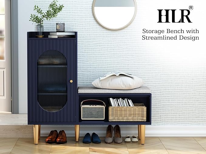 HLR Storage Bench Set of 2, Blue Modern Entryway Shoe Cabinet Bench with Glass Door&Shelf, L-Shaped Storage Cabinet with Padded Seat for Hallway, Bedroom, Living Room, Office