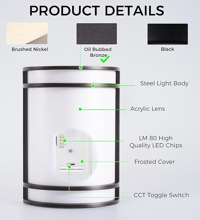 CLOUDY BAY LED 3 Color Indoor Wall Sconce, Wall Lighting,3000K/4000K/5000K Color Temperature Adjustable Wall Mount Light Fixture, 15W 120V Dimmable CRI 90+ LED Wall Light,Oil Rubbed Bronze