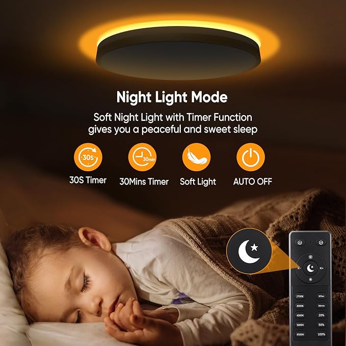 13 Inch Flush Mount Ceiling Light with Remote Control & Night Light, 5CCT Dimmable Ceiling Light Fixture, 25W 2500LM 2700K-6500K Adjustable LED Ceiling Lights for Bedroom Kitchen, White Gold