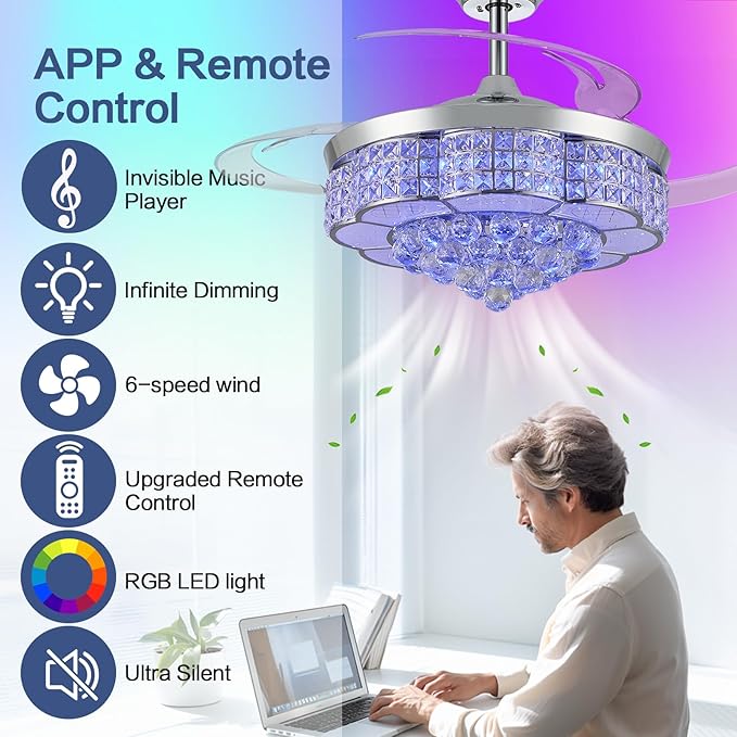 36" RGB Retractable Crystal Ceiling Fan with Light and Speaker Dimmable Bluetooth Chandelier Fan, 6 Speed Timer Fandelier, APP/Remote Control & Speaker for Bedroom,Silver