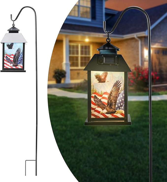 Afirst Solar Lantern Outdoor, Hanging Lights Decorative American Flag Outdoor Lighting Waterproof Umbrella Lights for Patio Garden, Table,Party Decor（Included Shepherd Hook）
