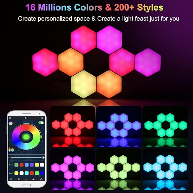 Hexagon Lights Wall Panels, Smart LED Wall Lights with APP, DIY Modular Assembled Music Sync RGB Gaming, Hex Light with USB-Power for Autism, Game Room Decor, Party (6-Pack)