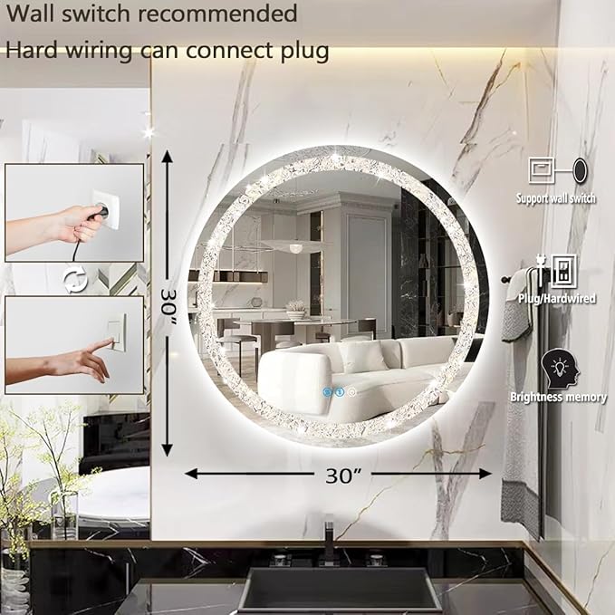 THEKLA 30 inch Crystal Round Lighted Mirror for Bathroom Makeup Wall Mounted Crystal Round Vanity Mirror with Lights Smart Memory 3 Color Dimmable AntiFog 30" Diamond Circle LED Light up Mirrors