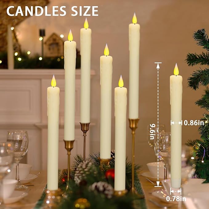 KSWING Upgraded Real Wax LED Flameless Taper Candles with Remote, 6 PCS Ivory Dripping Candlesticks Battery Operated 3D Flickering - 9.6" Long Realistic Fake Candle Sticks for Home/Wedding/Xmas Decor