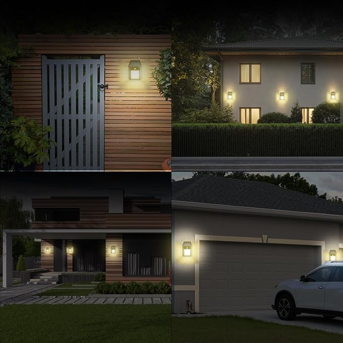 Solar Wall Lights Outdoor [2 Pack] Dusk to Dawn Solar Motion Lights Outdoor, Waterproof, 3 Lighting Modes, Wall Mount Light Sconces For Outside Patio Fence Yard Garage (BLACK-1 BULB, 2 PACK STANDARD)