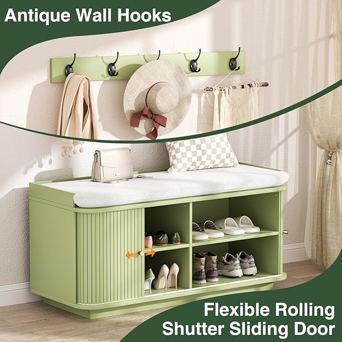 Hall Tree with Bench and Shoe Storage, Entryway Bench with Sliding Door Cabinet, Removable Padded, Metal Wall Hooks and Adjustable Storage Compartments, for Entry, Hallway, Living Room, Green