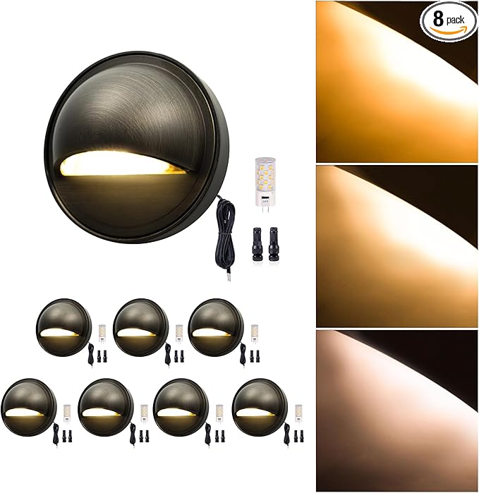 Gardenreet Low Voltage Deck Lights - Solid Brass Landscape Step Lights LED, 12V Hardwired IP65 Waterproof, Bronze Round for Stair Wall Yard with 3W 270LM Dimmable Warm & Neutral White G4 Bulb 8 Pack