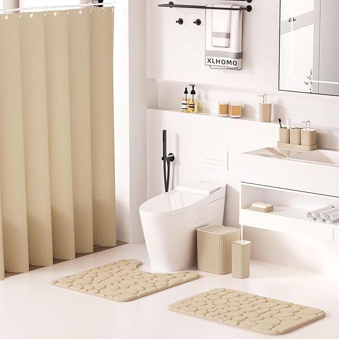 XLHOMO Bathroom Accessories Set - 25PC Bathroom Sets with Shower Curtain and Rugs, Beige Bathroom Set with Trash Can, Soap Dispenser, Soap Dish & Toilet Brush