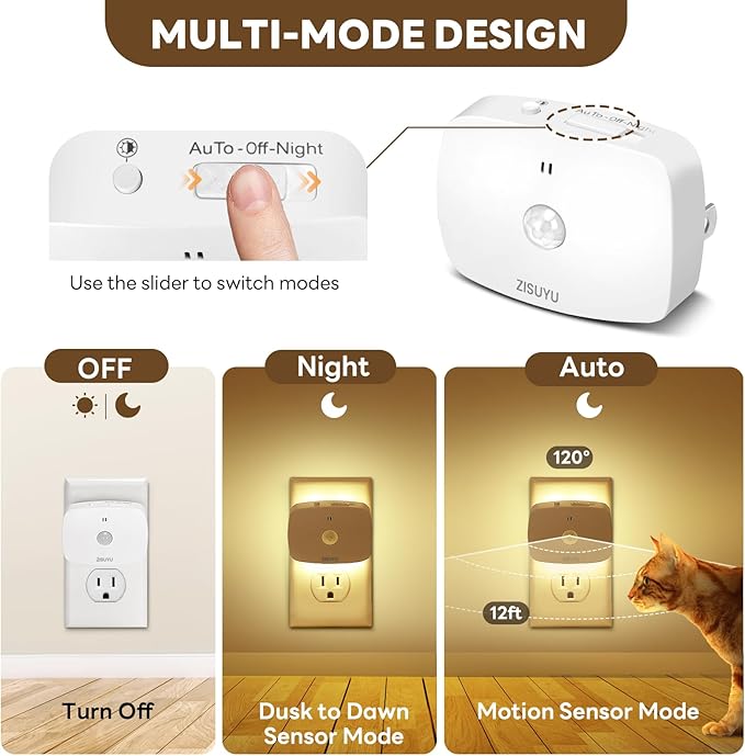 ZISUYU Plug-in LED Backlit Night Light with Motion Sensor & Dusk to Dawn Sensor, 10-60lm Dimmable Nightlight with Multi-Mode & Color-Changing, Ideal for Bedroom, Bathroom, Stairs, Hallway (6 Pack)