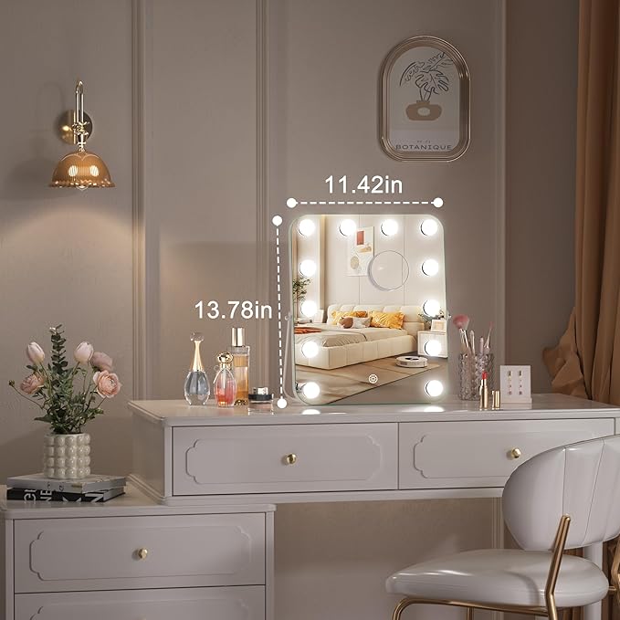 Hasipu Vanity Mirror with Lights, Hollywood 12" x 14" LED Makeup Mirror, 3 Modes Light, Smart Touch Control Dimmable, 360°Rotation, Rounded Rectangle White Frame