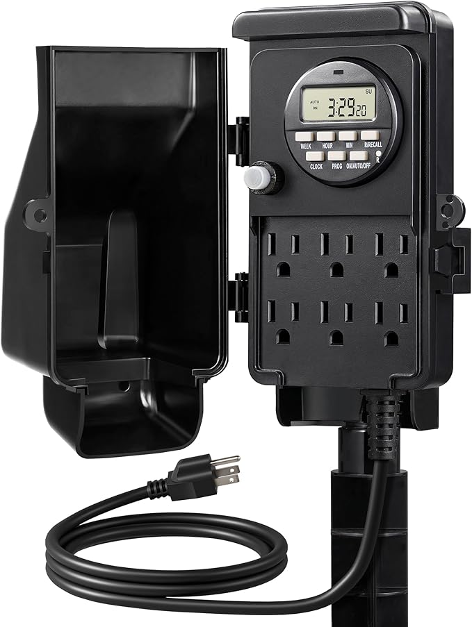DEWENWILS Outdoor Digital Power Strip Timer, Multi Sockets, Waterproof 6 Outlets Garden Power Stake, 6ft Cord, Outdoor Timer for Lights, Yard, Garden, 15A Heavy Duty