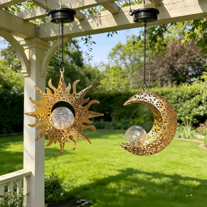 Solar Hanging Lights for Outside Garden,Outdoor Metal Lanterns Sun Moon Lamp, Large Decorations for Yard Garden Patio Proch Tree Wall, Christmas Gifts for Women Mom