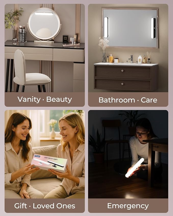 Wireless Rechargeable Bathroom Vanity Light – Black, 1600mAh Battery Operated Makeup Light Stick On, with 3 Color Modes & Touch Control, Adjustable Angle, USB-C Fast Charging for Above Mirror