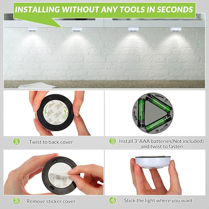 Macarrie 24 Pack Push Tap LED Puck Lights, 2.68" Mini Wireless Touch Night Light, 60 Lumens Battery Operated Stick on Lights for Under Cabinet, Kitchen Counter, Closet & Wall(White)