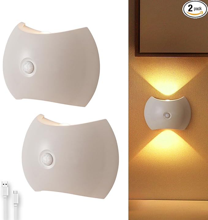 Battery Operated Wall Sconces Set of Two, Rechargeable Wireless LED Wall Lights — Motion Sensor, No Drill Magnetic Mount, 3 Modes, for Bedroom Hallway Stairs, White