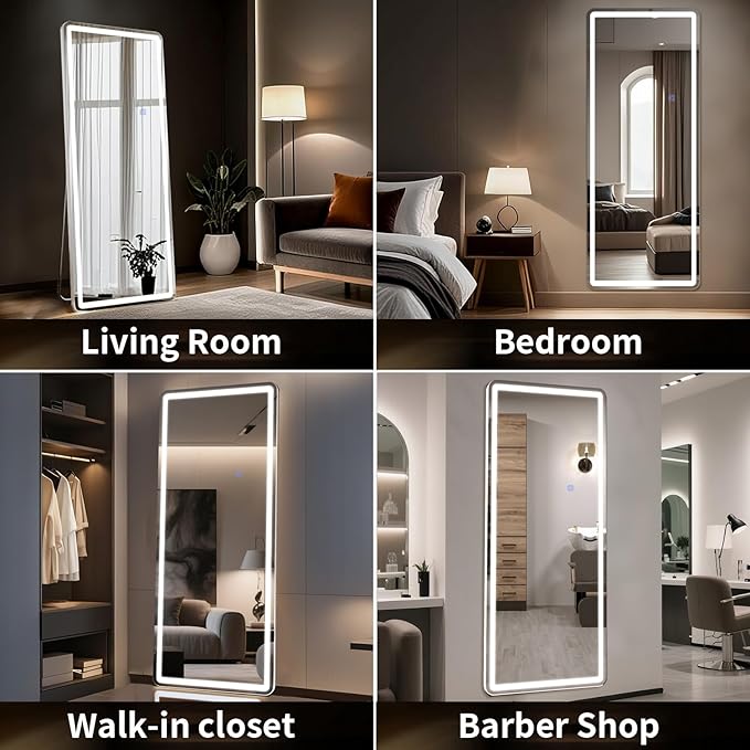 60"x16" LED Full Length Mirror – Standing Floor Mirror with Dimmable Lights 3 Color Modes – Adjustable Brightness, Wall-Mount or Lean for Barber, Fitness Center, Dressing Room, Vanity